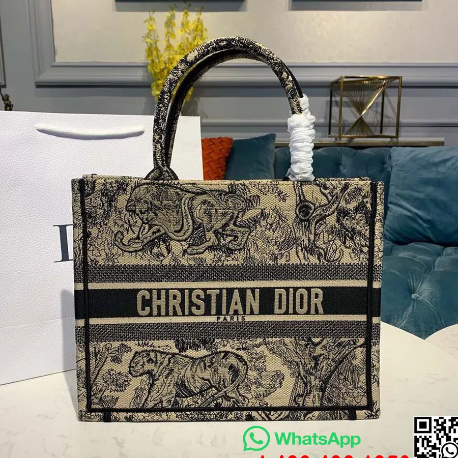 Christian Dior Toile de Jouy Chinese Lunar New Year Book Tote Bag 35cm Embroidered Canvas Fall/Winter 2019 Collection, Black