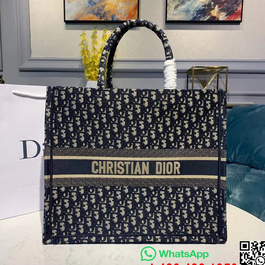 Christian Dior Könyves Táska 42 Cm-es Ferde Hímzett Vászon 2019 Tavaszi/nyári Kollekció, Kék