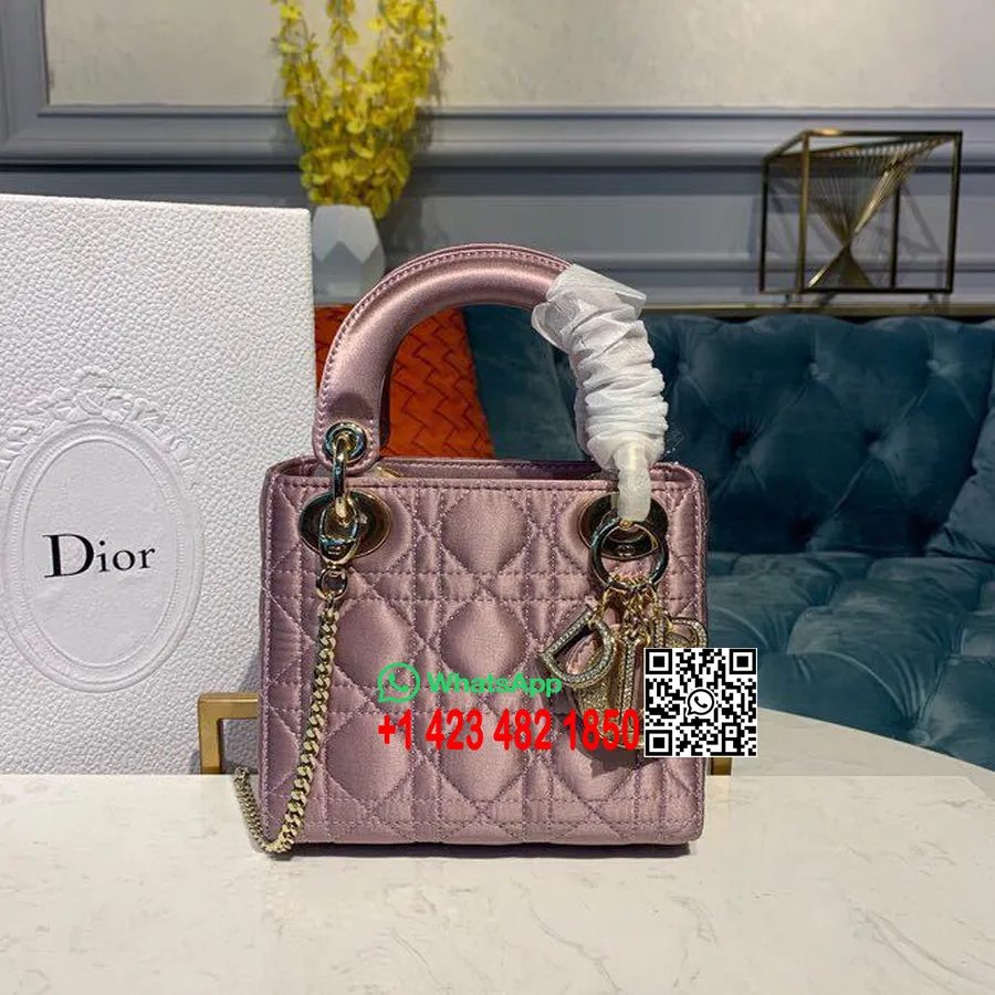 Taška Christian Dior Lady Dior 18cm S Retiazkou A Kryštálmi Zlaté Kovanie Saténová Kolekcia Jar/leto 2019, Fialová