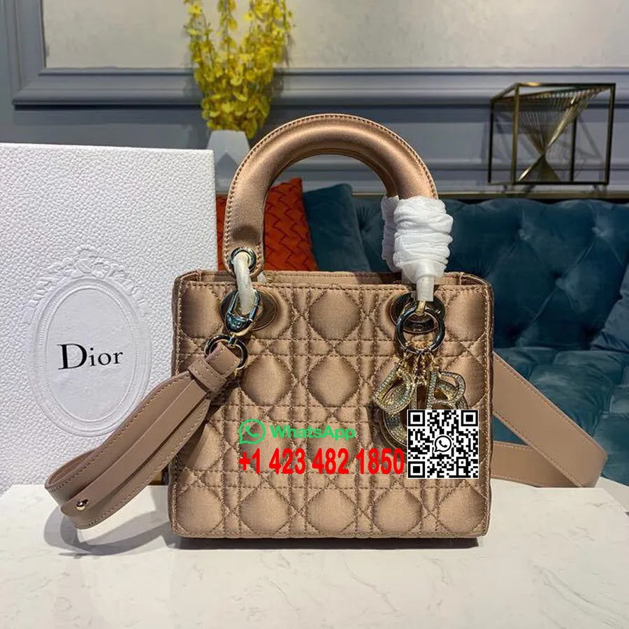 Christian Dior Lady Dior Tasche 20 Cm Mit Kristallen, Goldbeschlägen, Satin-Frühlings-/Sommerkollektion 2019, Champagner