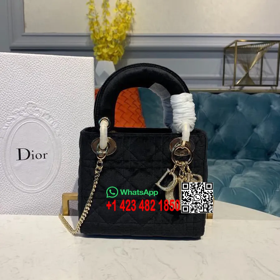 Taška Christian Dior Lady Dior 18 Cm S Retiazkou A Kryštálmi Zlaté Kovanie Zamatová Kolekcia Jar/leto 2019, čierna