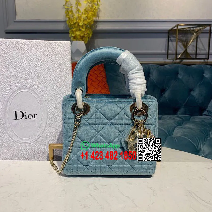 Taška Christian Dior Lady Dior 18 Cm S Retiazkou A Kryštálmi Zlaté Kovanie Zamatová Kolekcia Jar/leto 2019, Svetlomodrá