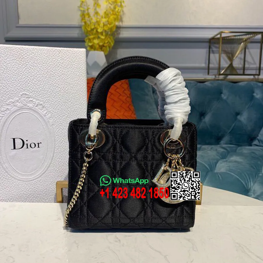 Taška Christian Dior Lady Dior 18 Cm S Retiazkou A Kryštálmi Zlaté Kovanie Saténová Kolekcia Jar/leto 2019, čierna