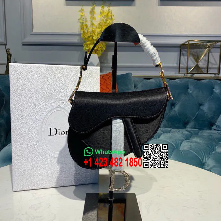 Sedlo Christian Dior 20 Cm Taška Cez Rameno S Kryštálmi Saténová Kolekcia Jar/leto 2019, čierna