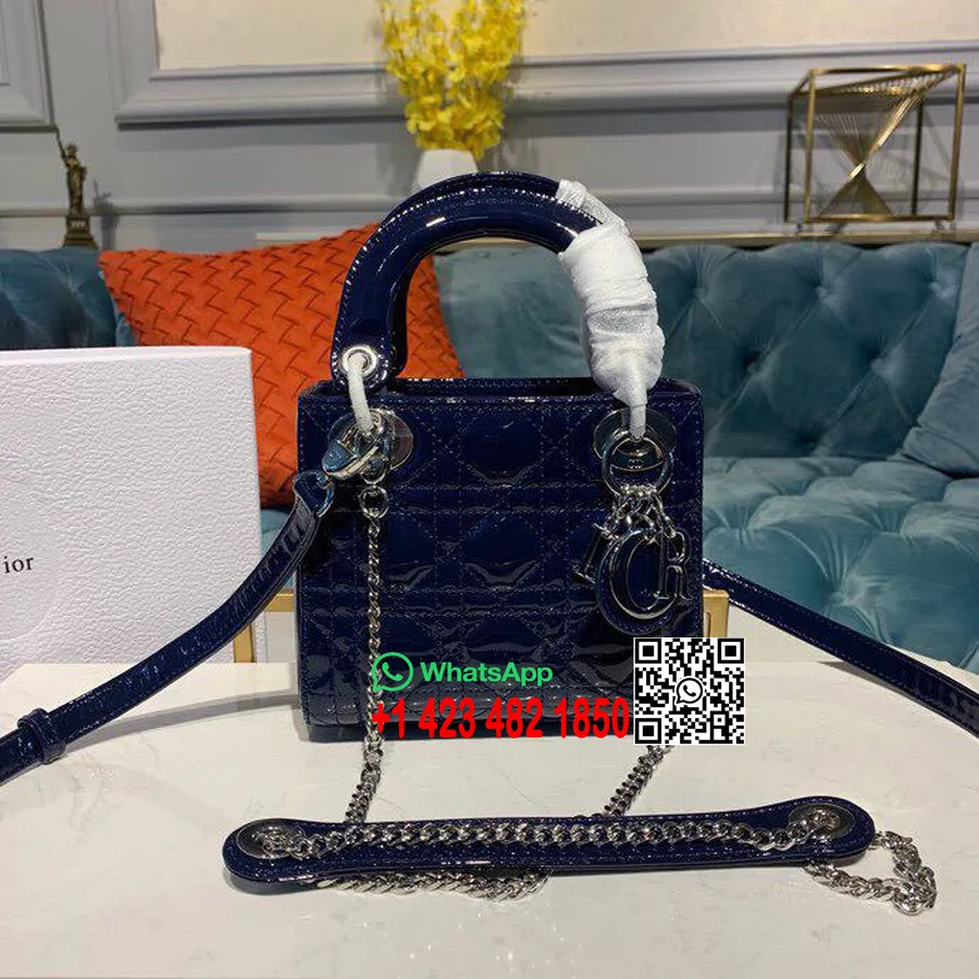 Christian Dior Mini Lady Dior Táska 18cm Lánccal Ezüst Hardver Lakkbőr 2019 Tavaszi/nyári Kollekció, éjkék