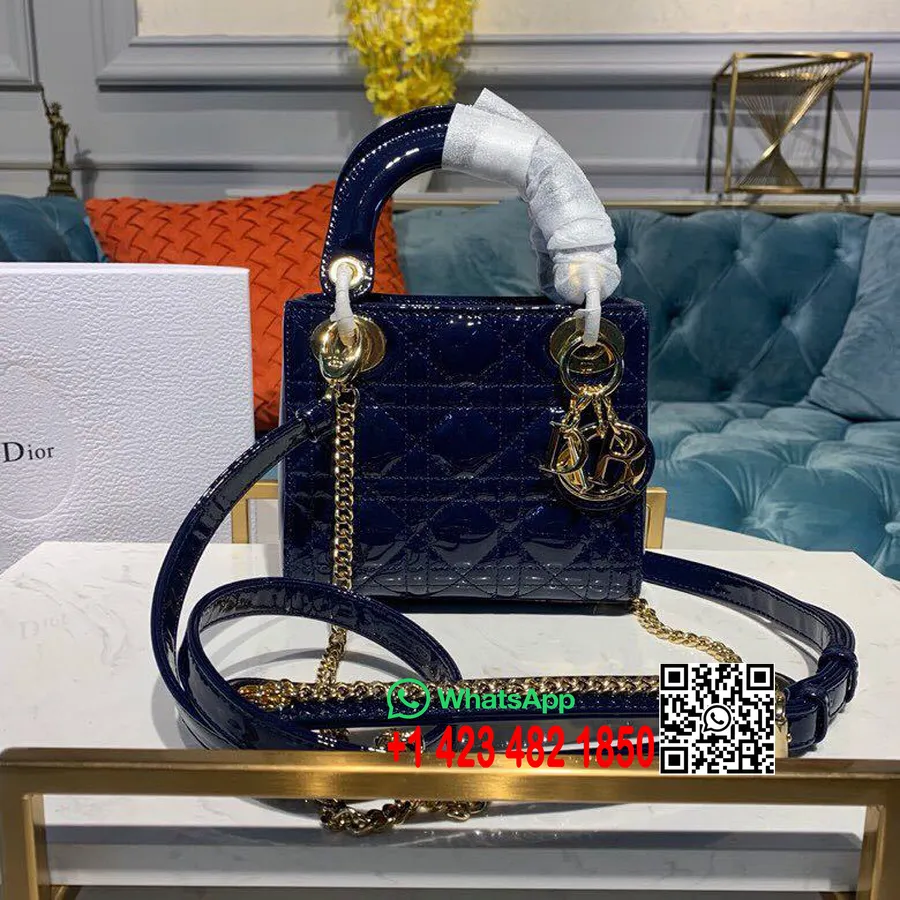 Christian Dior Mini Lady Dior Táska 18cm Lánccal Arany Hardver Lakkbőr 2019 Tavaszi/nyári Kollekció, éjkék