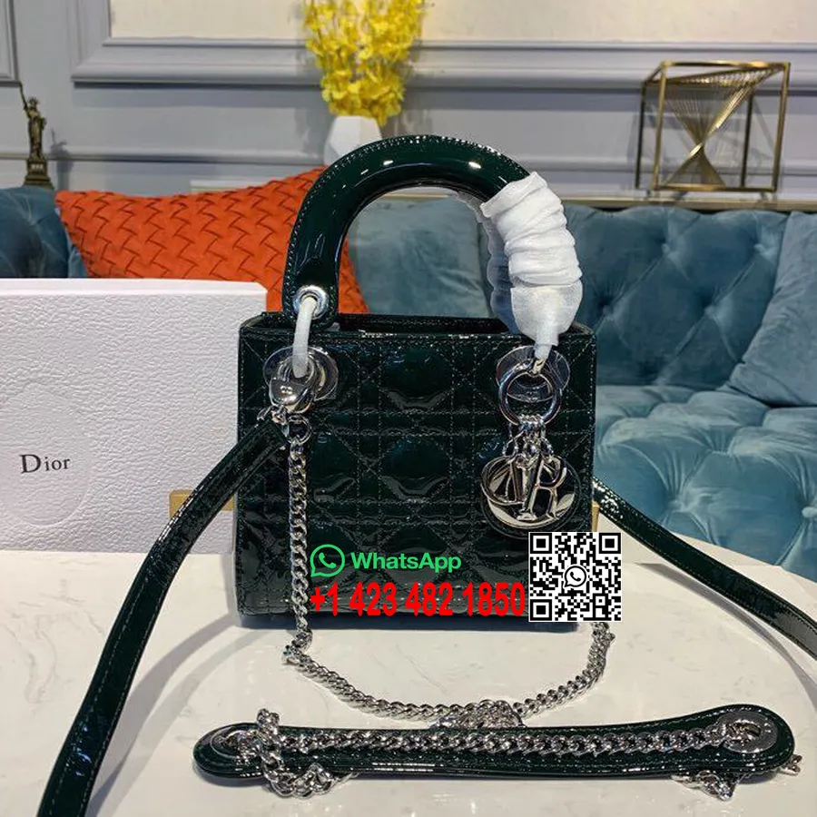 Christian Dior Mini Lady Dior Tasche 18 Cm Mit Kette, Silberfarbene Hardware, Lackleder, Frühjahr/Sommer-Kollektion 2019, Waldgr