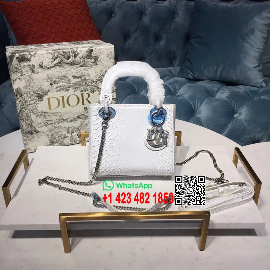 Lady Dior Torebka Z Kryształkami I łańcuszkiem 18cm, Srebrna, Błyszcząca Skóra Pytona, Kolekcja Wiosna/lato 2019, Biała