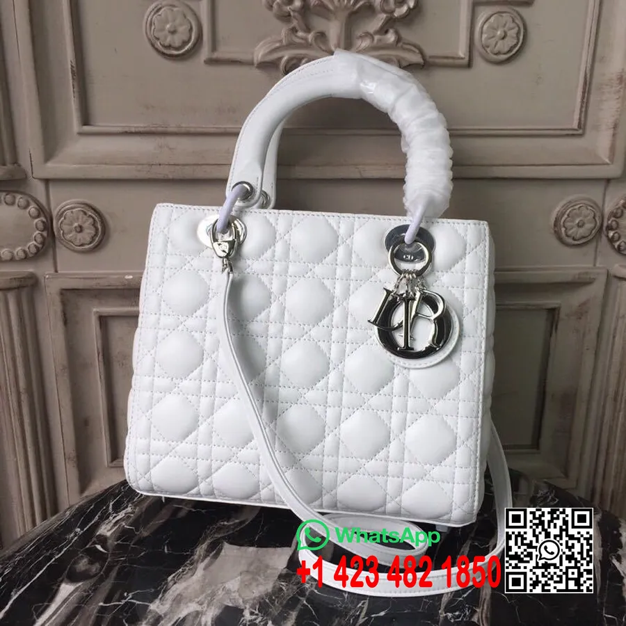 Christian Dior Lady Dior Kott 24cm Hõbedane Riist Lambanahast Kevad/suvi 2019 Kollektsioon, Valge