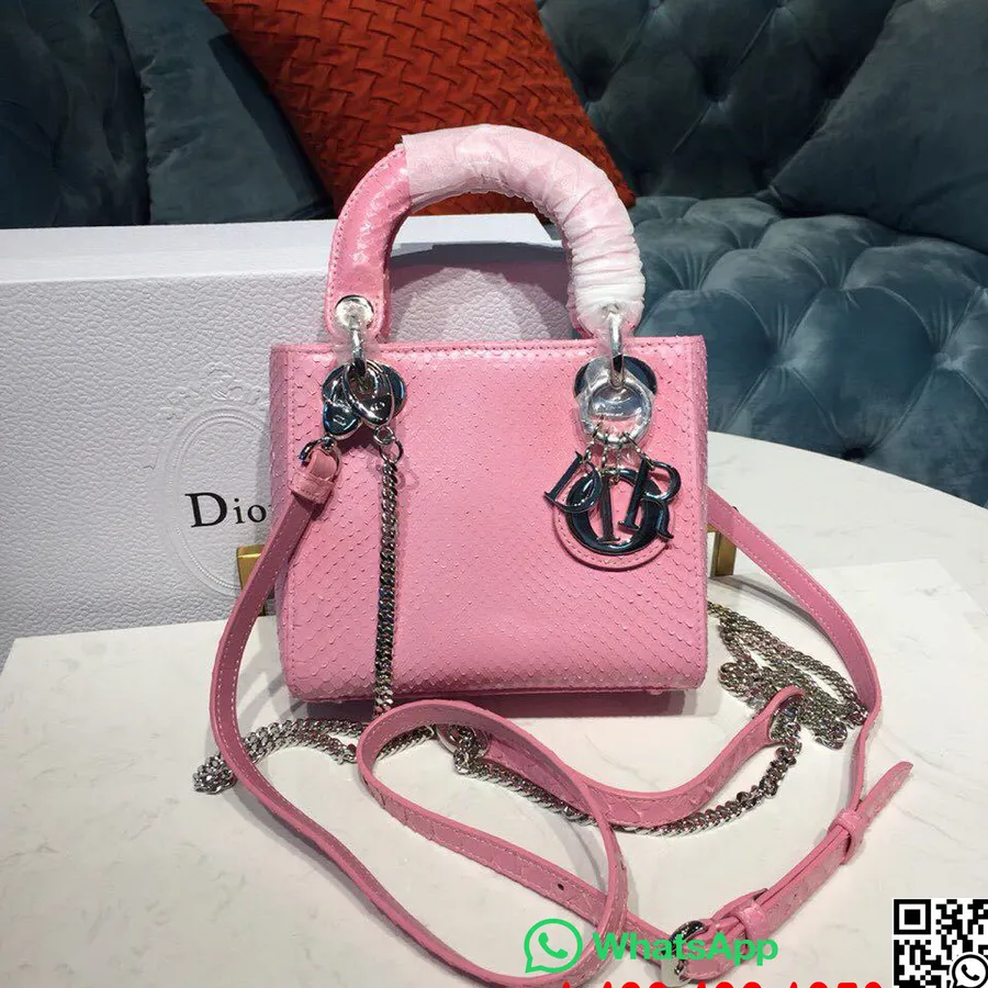 Lady Dior Torebka Z łańcuszkiem 18cm Srebrne Okucia Błyszcząca Skóra Pytona Kolekcja Wiosna/lato 2019, Różowa