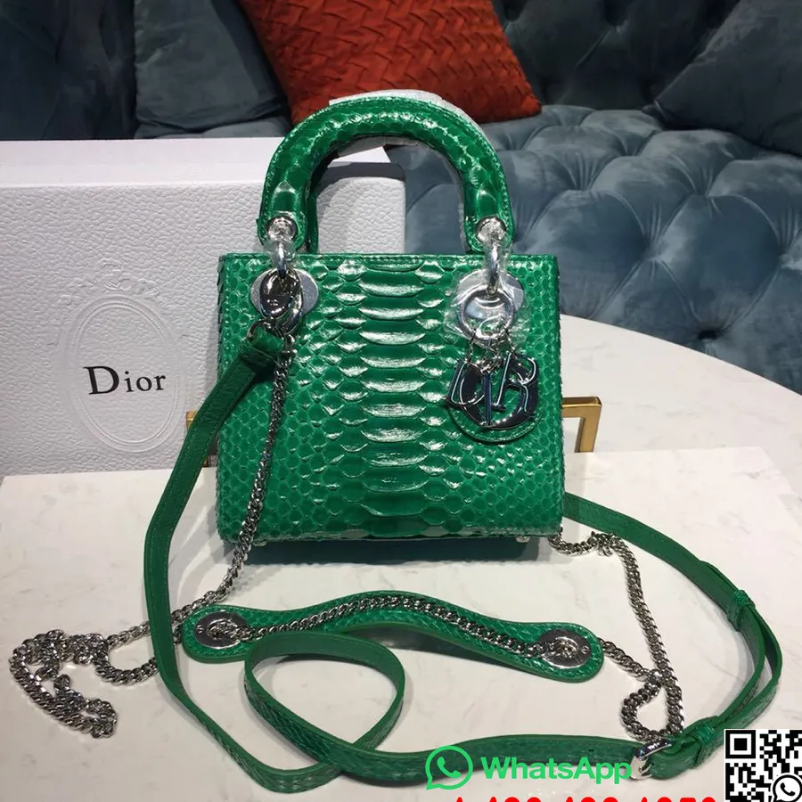 Lady Dior Torebka Z łańcuszkiem 18cm Srebrne Okucia Błyszcząca Skóra Pytona Kolekcja Wiosna/lato 2019, Zielona