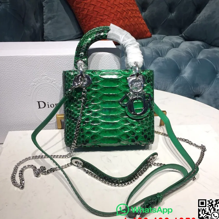 Lady Dior Torebka Z łańcuszkiem 18cm Srebrne Okucia Błyszcząca Skóra Pytona, Kolekcja Wiosna/lato 2019, Zielony/czarny