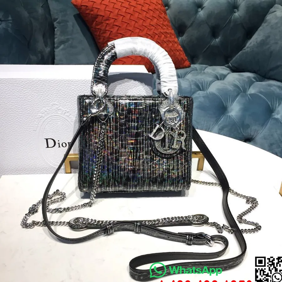 Lady Dior Torebka Z Kryształkami I łańcuszkiem 18 Cm, Srebrna, Błyszcząca Skóra Pytona, Kolekcja Wiosna/lato 2019, Metaliczna Cz