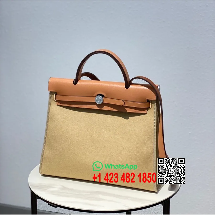 Hermes Toile H Herbag Zip Pm 31 ס"מ כותנה קנבס פלדיום חומרה, טבק קאמל/זהב