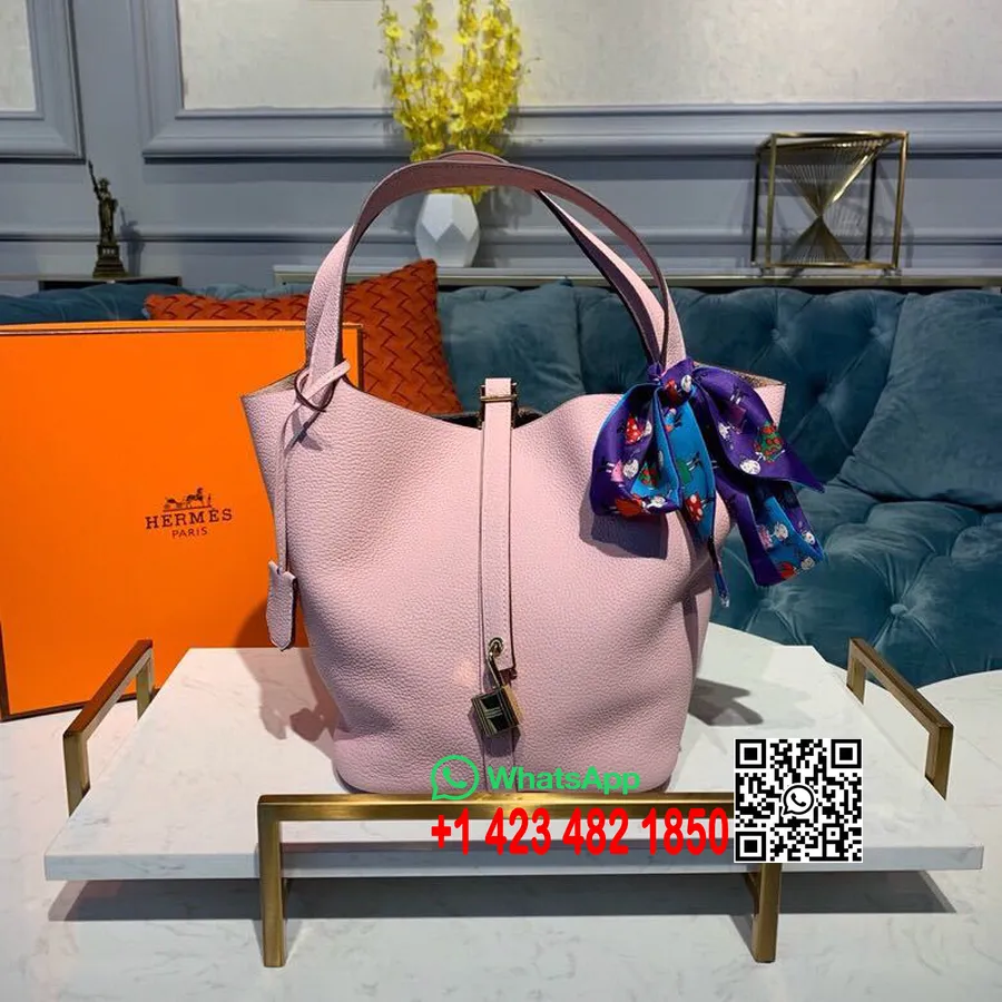 Borsa Hermes Picotin Lock 22 Cm Togo Pelle Di Vitello Hardware Dorato Cucito A Mano, Rosa Sakura