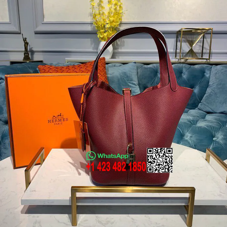 Borsa Hermes Picotin Lock 22 Cm Togo Pelle Di Vitello Hardware Dorato Cucito A Mano, Bordeaux