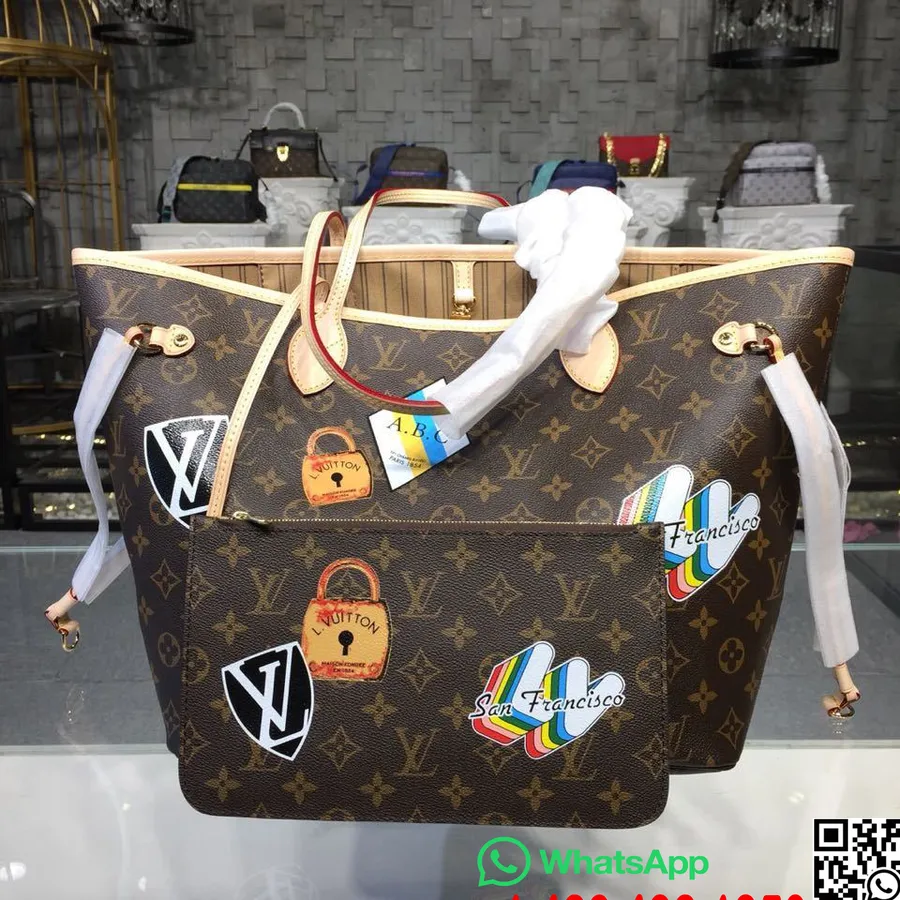 Louis Vuitton Neverfull Mm 32cm Rakkauslukko Postimerkit Monogrammi Kangas Syksy/talvi 2018 Kokoelma M40995, Beige