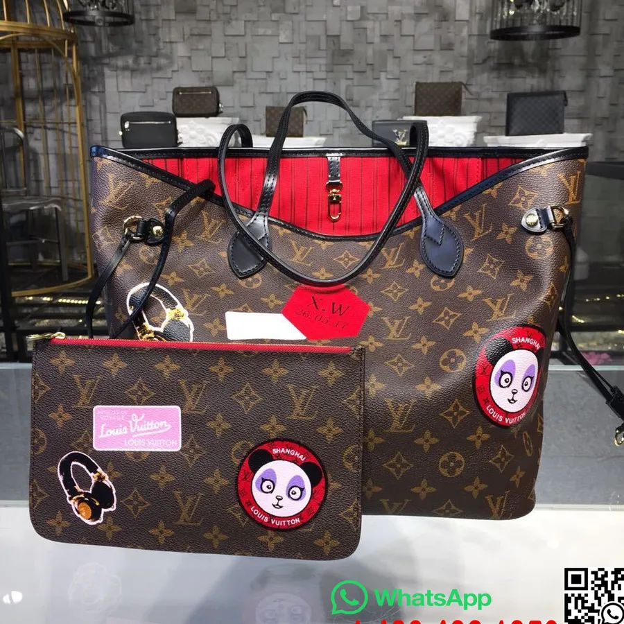 Louis Vuitton Neverfull Mm 32cm Pandan Runko Postimerkit Monogrammi Kangas Syksy/talvi 2018 Kokoelma M43988, Punainen