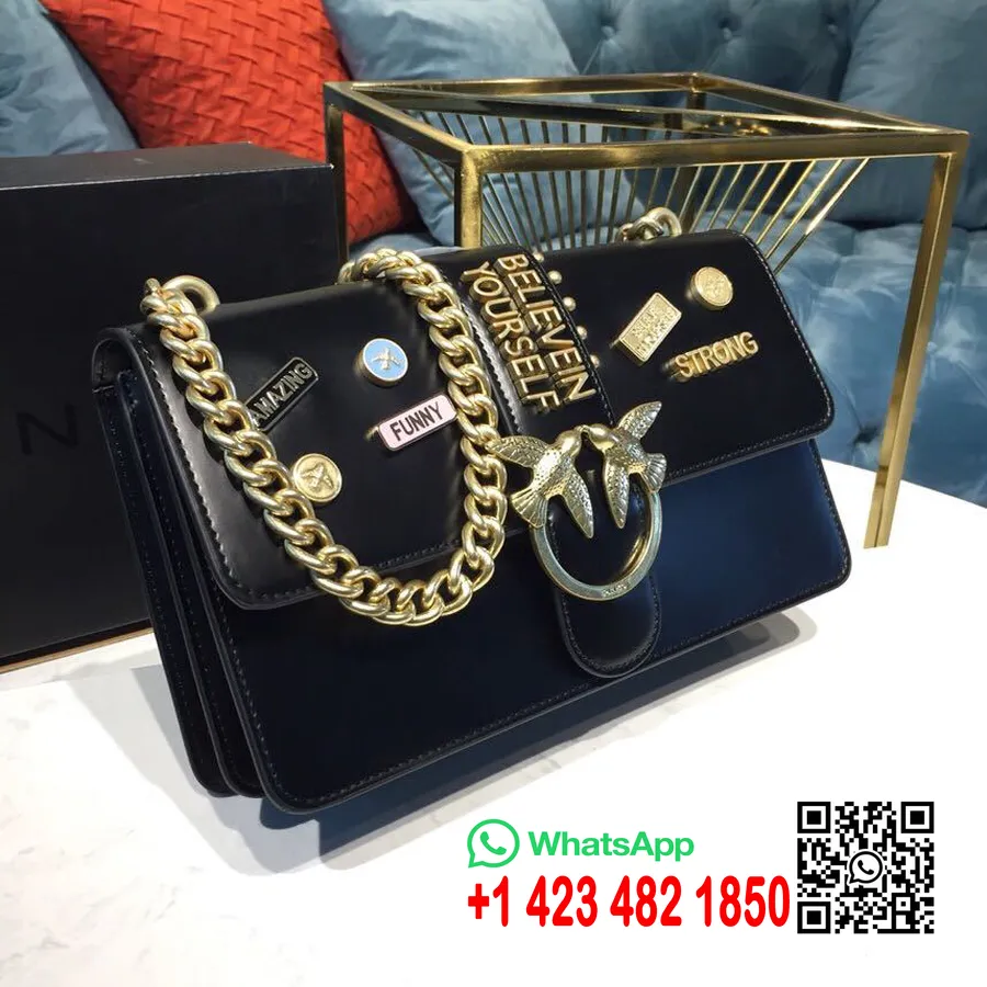 Borsa Tracolla Pinko Love Pins 28cm Pelle Di Vitello Spazzolata Hardware Oro Collezione Primavera/estate 2019, Nero