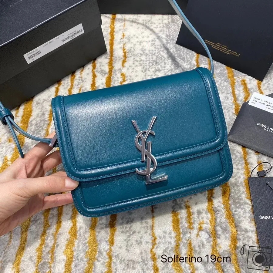 Ysl Saint Laurent τσάντα ώμου Solferino τσάντα 20cm ασημένιο κουτί από δέρμα μοσχαριού, γαλάζιο