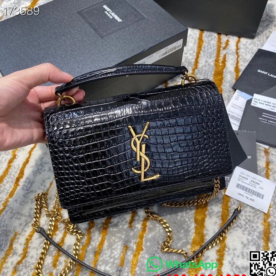 Ysl Saint Laurent Sunset Woc τσάντα ώμου 20cm χρυσό υλικό σφραγίδα κροκόδειλου δέρμα μοσχαριού, μαύρο