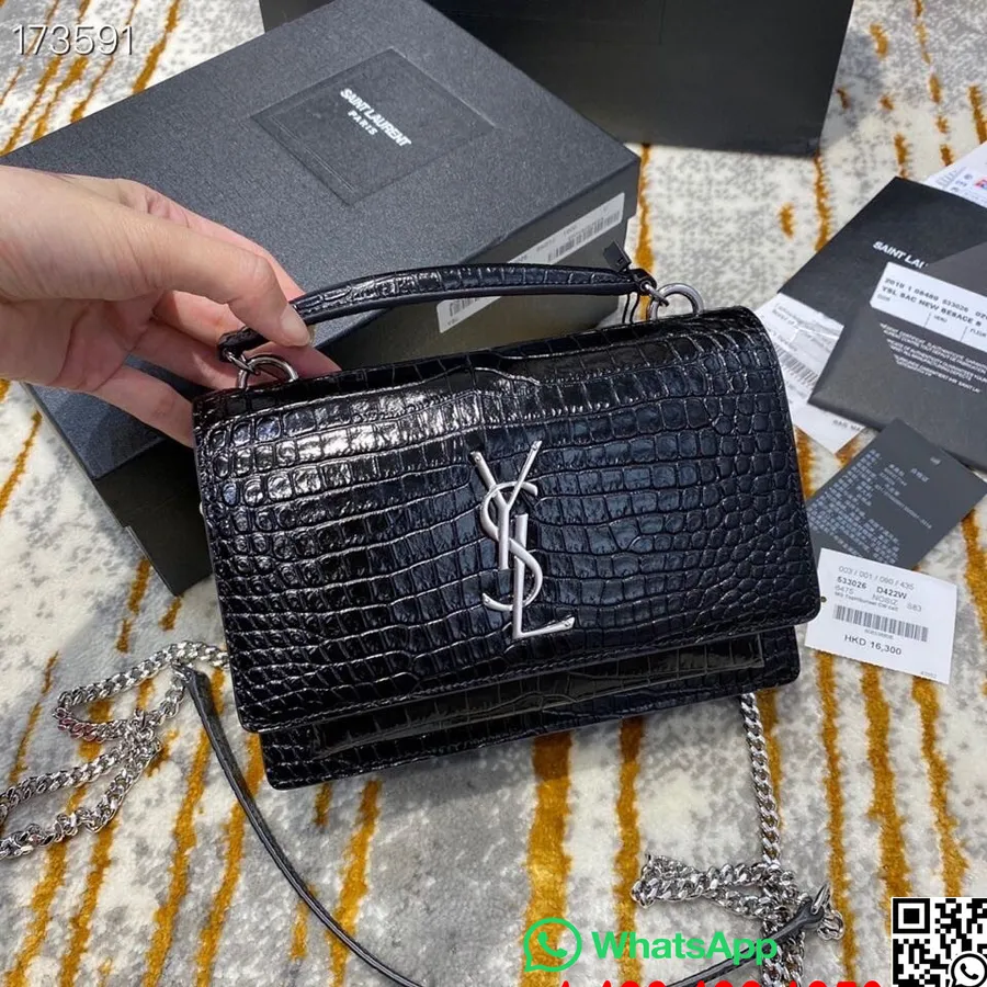 Ysl Saint Laurent Sunset Woc τσάντα ώμου 20cm ασημένιο υλικό κροκόδειλος σφραγίδα δέρμα μοσχαριού, μαύρο