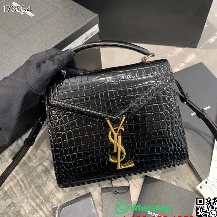 Τσάντα ώμου Ysl Saint Laurent Cassandra Top Handle 20cm δέρμα μοσχαριού σφραγίδα κροκόδειλου, μαύρο