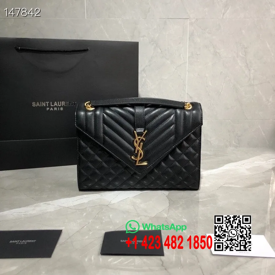 Saint Laurent Sac Bandoulière Enveloppe Ysl 24cm Matériel Doré Cuir De Veau Grainé Collection Automne/hiver 2020, Noir