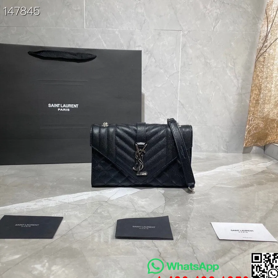 Saint Laurent Ysl Enveloppe Woc Sac Bandoulière 22cm Matériel Argenté Cuir De Veau Grainé Collection Automne/hiver 2020, Noir