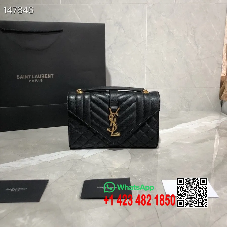 Saint Laurent Ysl Enveloppe Woc Sac Bandoulière 22cm Matériel Doré Cuir De Veau Grainé Collection Automne/hiver 2020, Noir