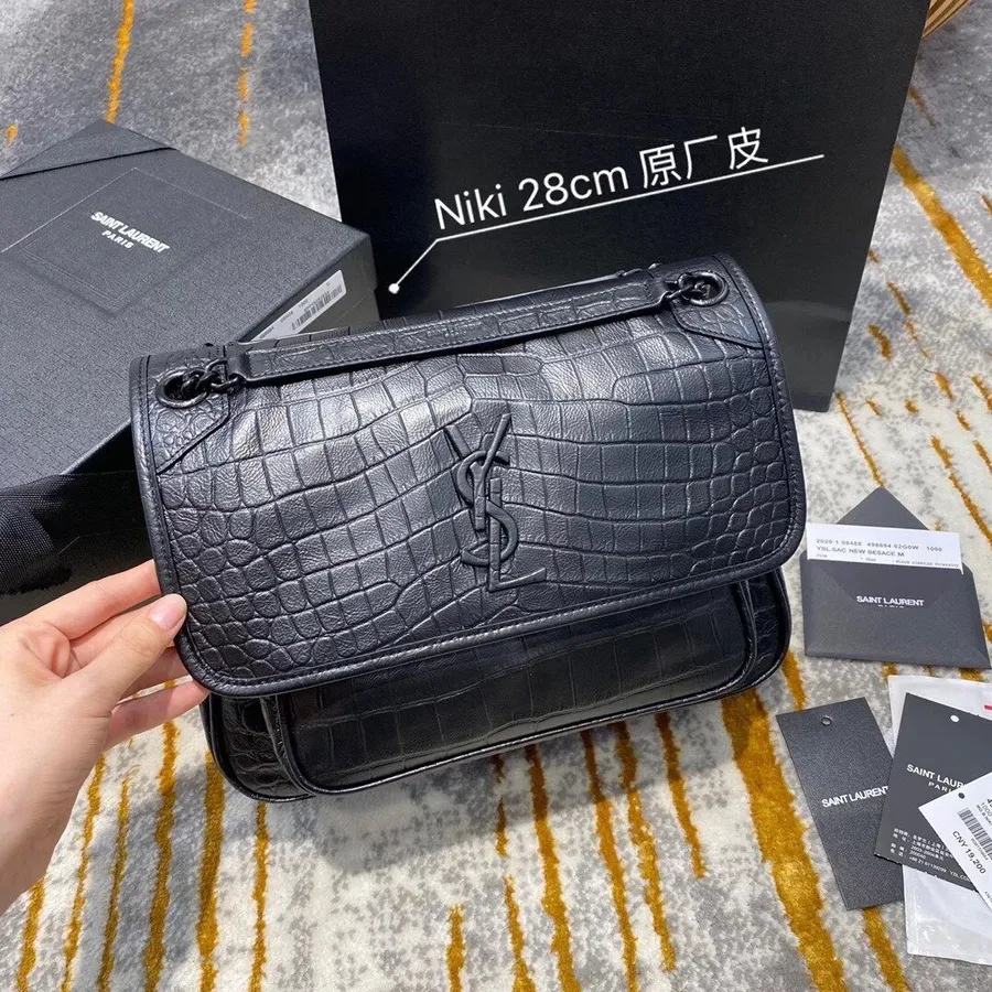 Borsa Saint Laurent Ysl Niki 28 Cm Pelle Di Vitello Goffrata Coccodrillo Collezione Autunno/inverno 2020, Nero