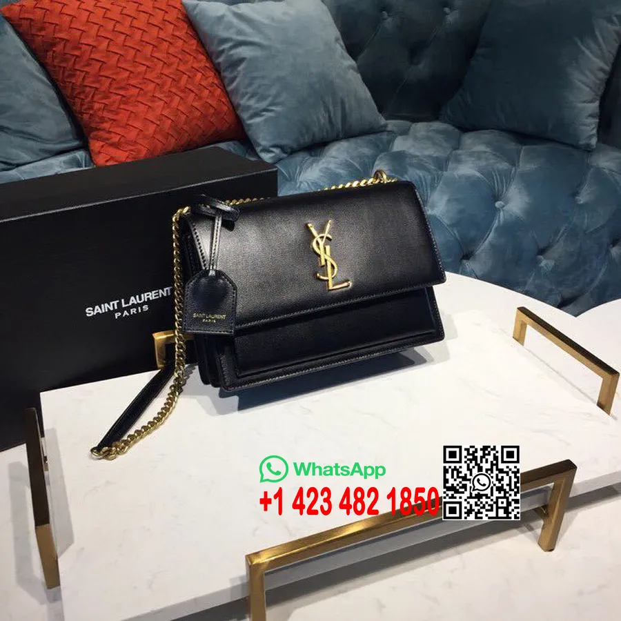 Saint Laurent Sac Bandoulière Ysl Sunset 22cm Cuir De Veau Lisse Matériel Doré Collection Printemps/été 2019, Noir