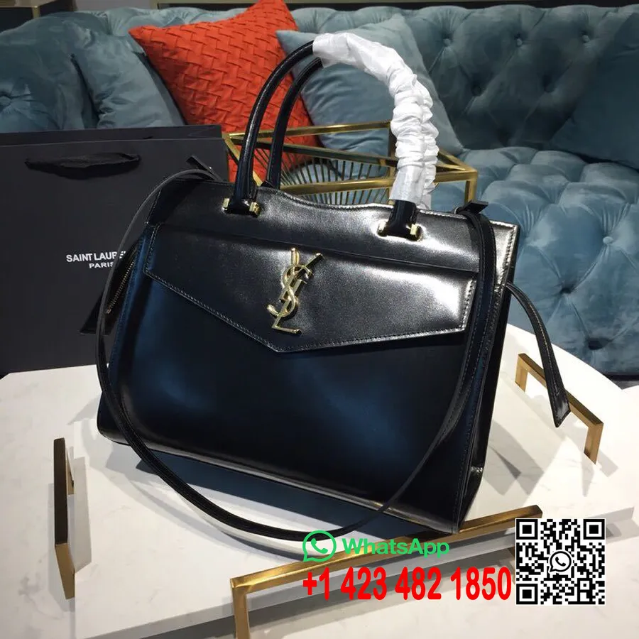 Saint Laurent Sac Cabas Monogramme Uptown Ysl 32cm Cuir De Veau Brillant Matériel Doré Collection Printemps/été 2019, Bla