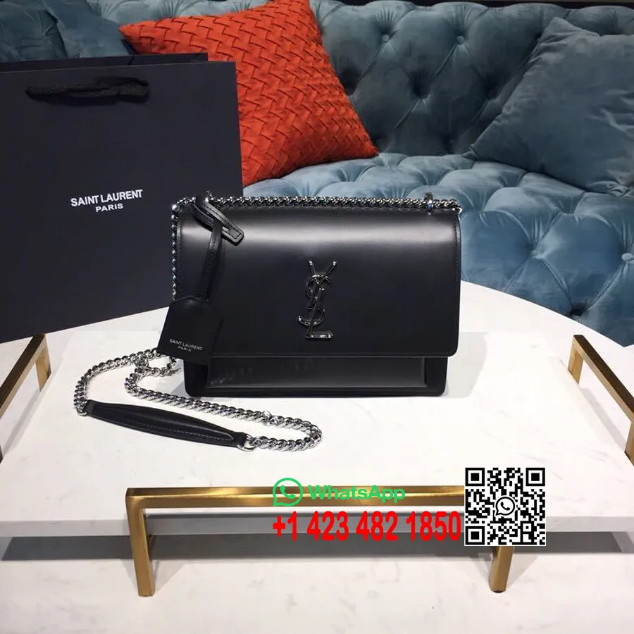 Saint Laurent Sac Bandoulière Ysl Sunset 22cm Cuir De Veau Lisse Matériel Argenté Collection Printemps/été 2019, Noir