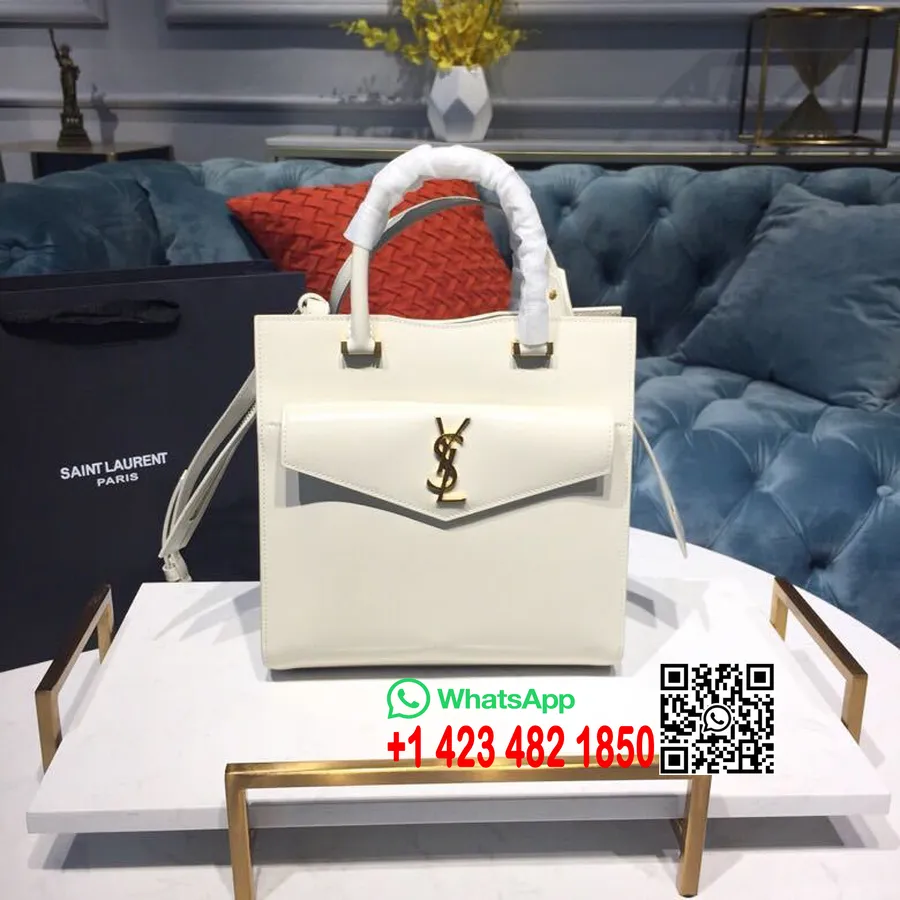 Saint Laurent Sac Cabas Uptown Monogram Ysl 24cm Cuir De Veau Brillant Matériel Doré Collection Printemps/été 2019, Blanc