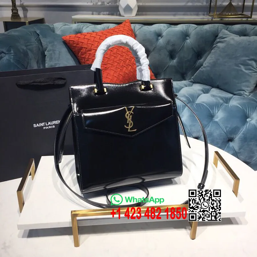 Saint Laurent Sac Cabas Uptown Monogram Ysl 24cm Cuir De Veau Brillant Matériel Doré Collection Printemps/été 2019, Noir