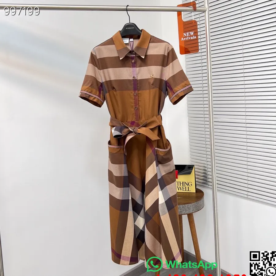 Abito Burberry In Cotone Con Pieghe A Quadri E Bottoni, Collezione Autunno/inverno 2022, Marrone Scuro