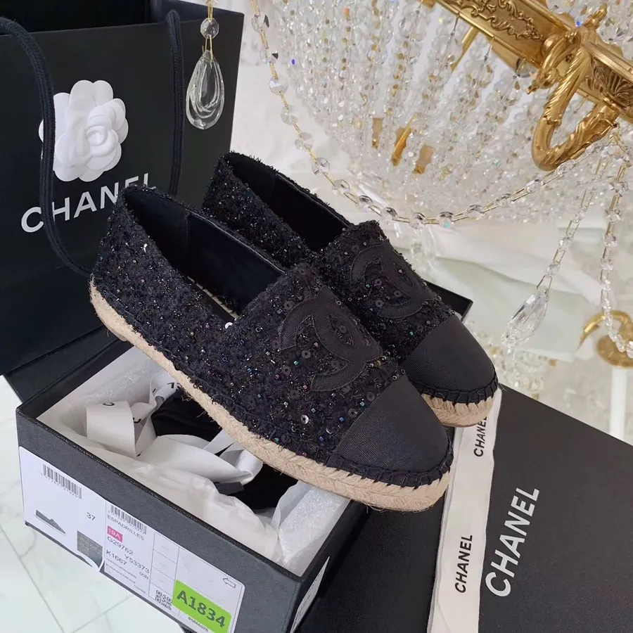 Espadrillas Chanel In Tweed Con Paillettes E Pelle Di Vitello Gros Grain, Collezione Pre-autunno/inverno 2019, Nero